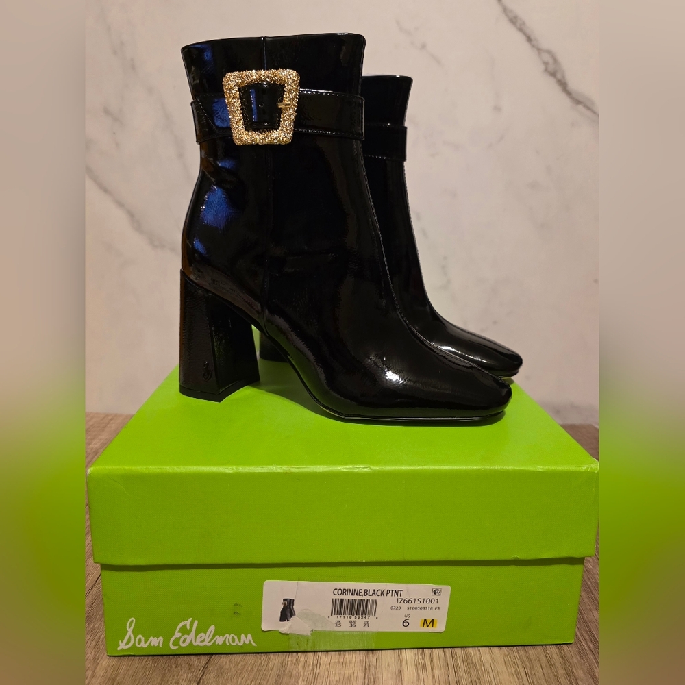 Sam Edelman Black Patent Ankle Boots with Buckle NEW Size 6